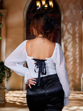 D&M Hollow Out Patchwork Chiffon Long Sleeve Bodysuit With Cross Back Straps